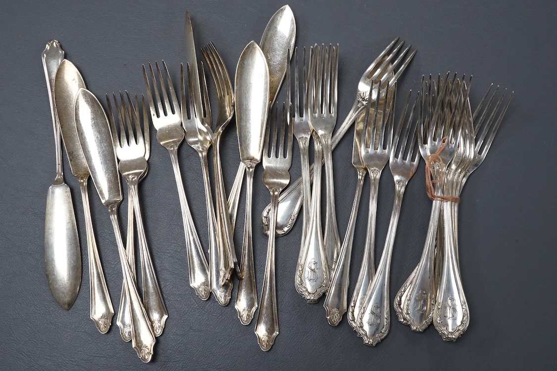 A set of seven Elizabeth II silver fish knives and six forks, Cooper Brothers & Sons, Sheffield, 1966, together with a set of twelve continental 800 standard white metal dessert forks, 39oz.